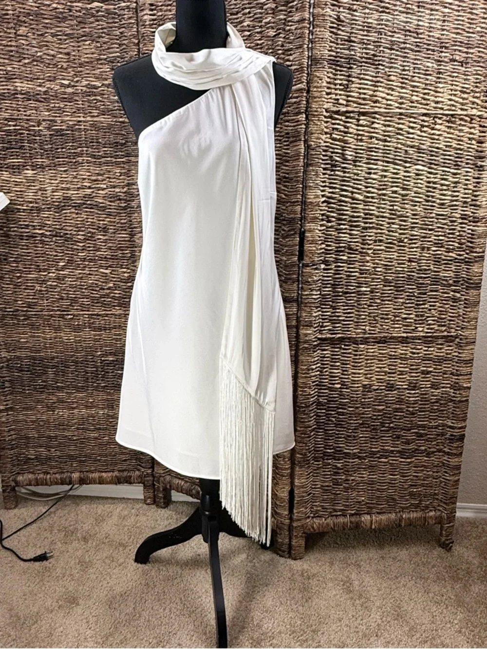 Abercrombie & Fitch One-Shoulder White Fringe-Scarf Cocktail Club Wedding Dress - Picture 2 of 14